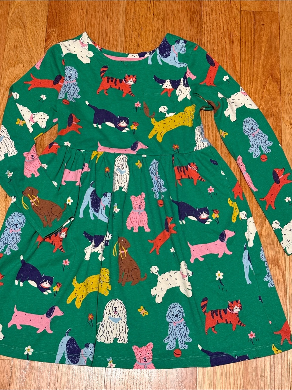 Mini Boden Girls Green Long-Sleeve Jersey Dress All-Over Colorful Dog Print Siz